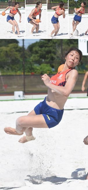 星野のスピンシュート（写真は2018年全日本ビーチハンドボール選手権、久保写す）