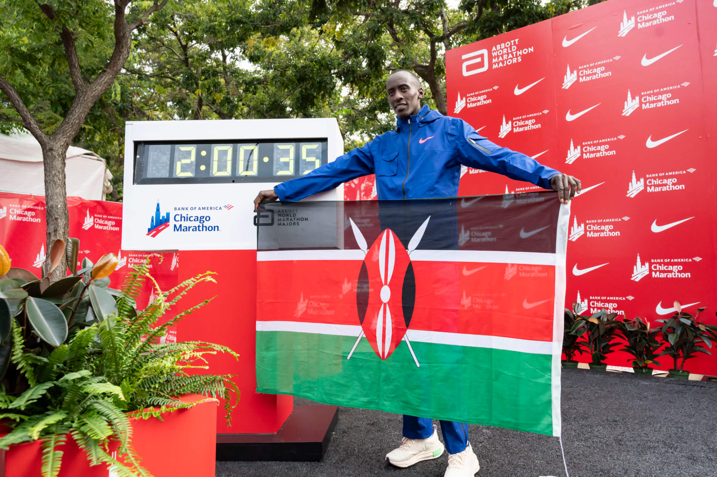Oct 8, 2023; Chicago, IL, USA; Kelvin Kiptum (KEN) celebrates after finishing in a world record time of 2:00:35 to win the Chicago Marathon at Grant Park. Mandatory Credit: Patrick Gorski-USA TODAY Sports