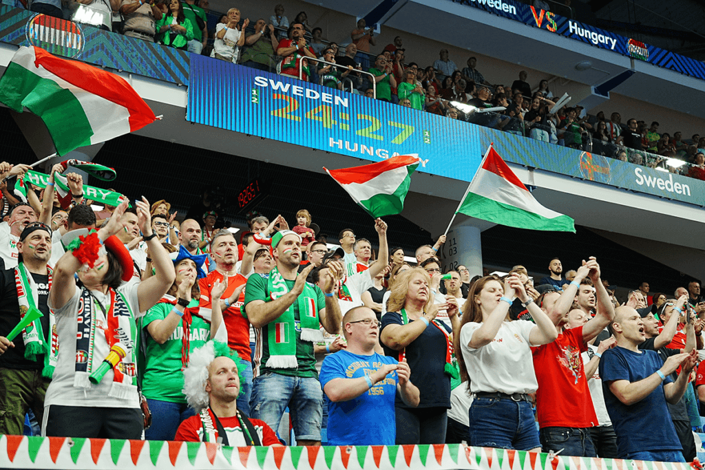 スウェーデン戦で熱狂的な応援をするハンガリーのファン