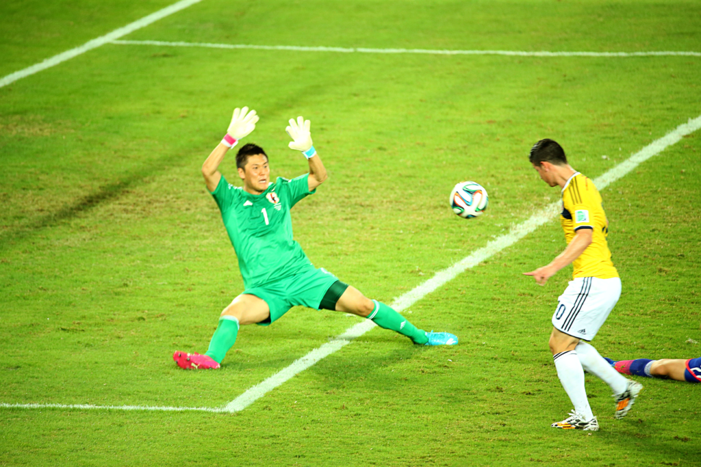 2014 FIFA W杯 ループシュートを決めるロドリゲス
キャプション
川島永嗣/Eiji Kawashima (JPN), James Rodriguez (COL), JUNE 24, 2014 - Football / Soccer : James Rodriguez of Colombia scores his team's fourth goal past goalkeeper Eiji Kawashima of Japan during the FIFA World Cup Brazil 2014 Group C match between Japan 1-4 Colombia at Arena Pantanal in Cuiaba, Brazil. (Photo by Kenzaburo Matsuoka/AFLO)
クレジット表記
写真：松岡健三郎/アフロ
日付
2014年6月24日
人物
川島永嗣, ハメス・ロドリゲス