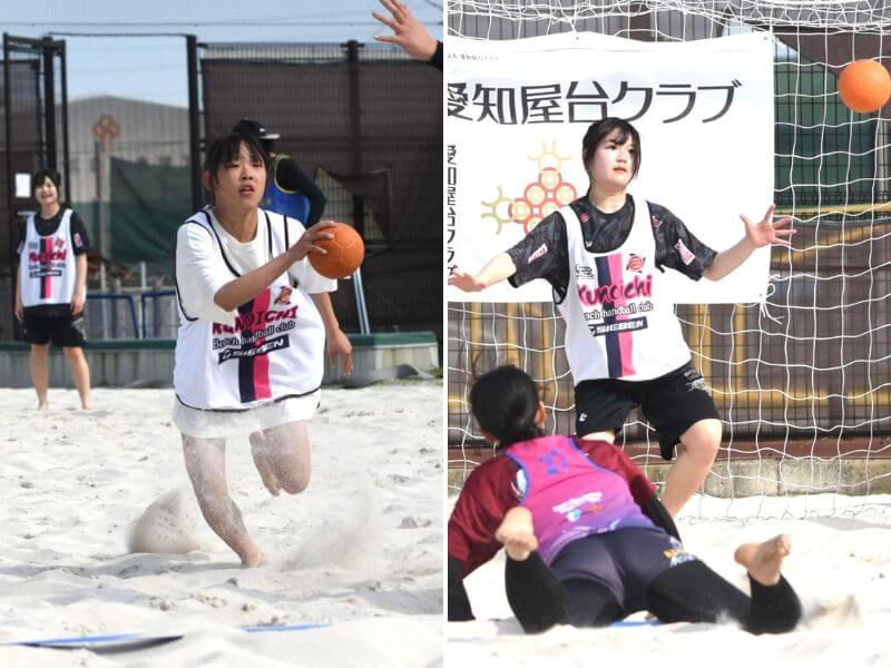 平山陽菜さん(写真左)と長田悠菜さんは、愛知県高浜市立高浜中学校のハンドボール部員。交流戦でも積極的なプレーを見せていた