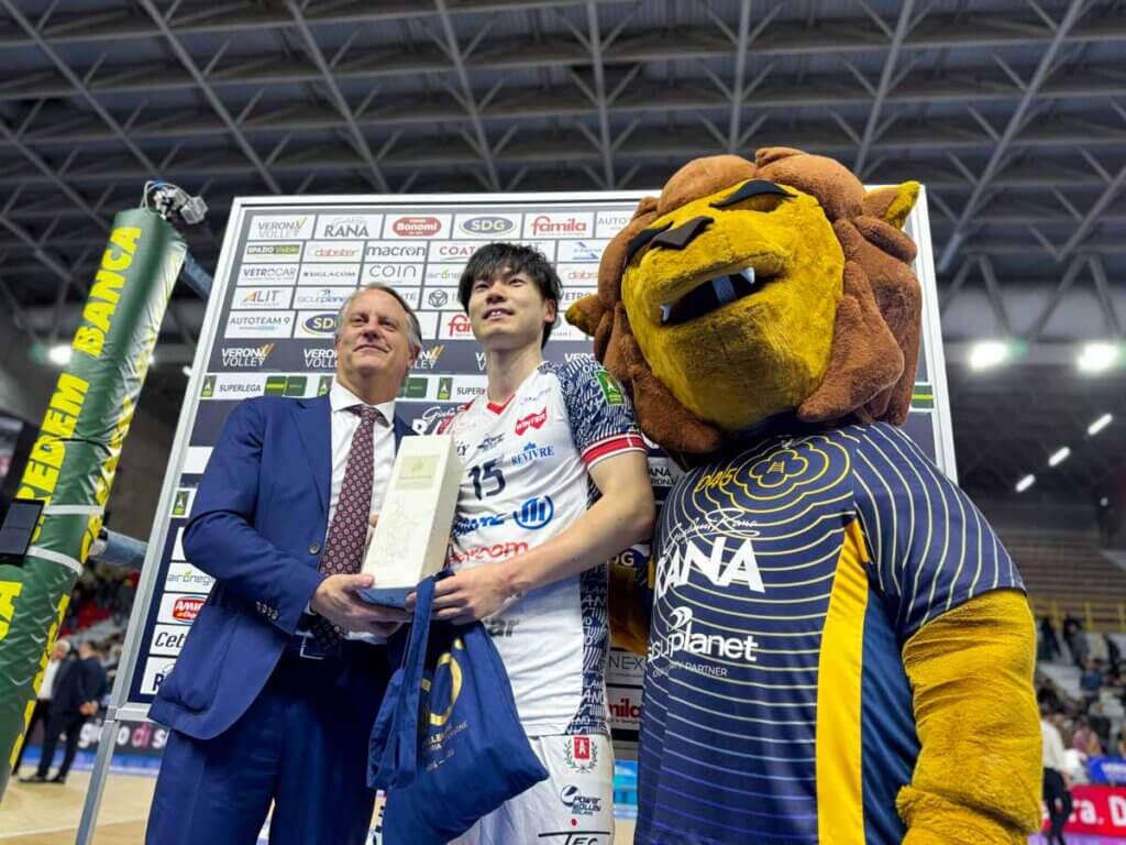 プレーオフ準々決勝ヴェローナ戦、アウェイで活躍した大塚=2026年3月18日、パラ・アジエム・AIMで(中西写す)