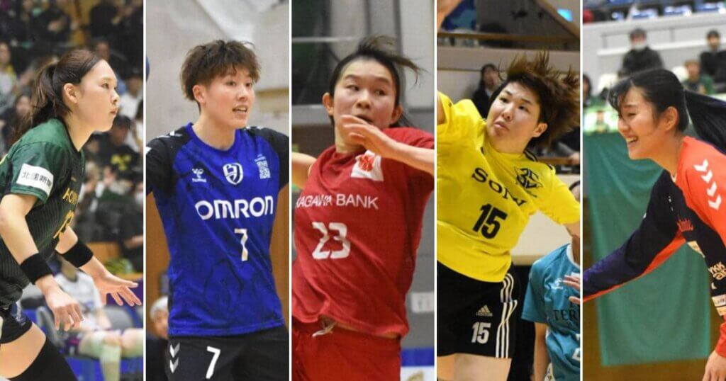 左から佐原奈生子（ハニービー石川）米澤綾美（熊本ビューストピンディーズ）岡田彩愛（香川銀行シラソル香川）青麗子（ブルーサクヤ鹿児島）笠野未奈（アランマーレ富山）＝いずれも久保写す